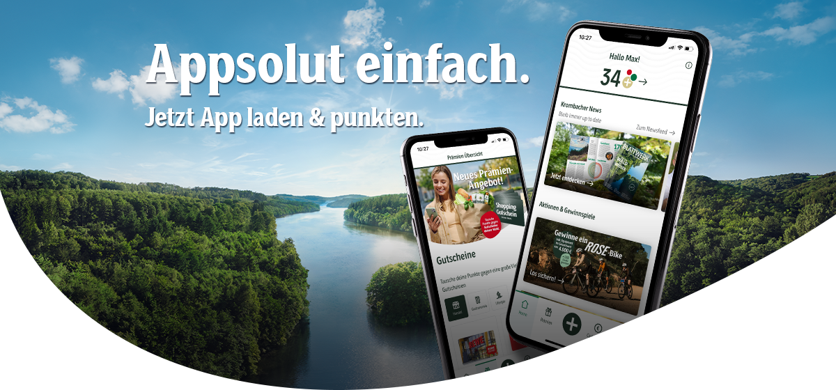 Krombacher+ App-Teaser mit Smartphone-Darstellung auf hellem Hintergrund – jetzt entdecken, Punkte sammeln und exklusive Prämien sichern