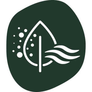 Symbol mit einem Blatt, Punkten links und drei geschwungenen Linien rechts, steht für Luftqualität oder Frische.