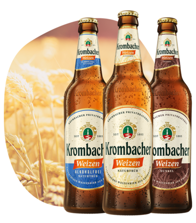 Abbildung Krombacher Weizen Naturtrüb, Weizen Dunkel, Weizen Alkoholfrei.