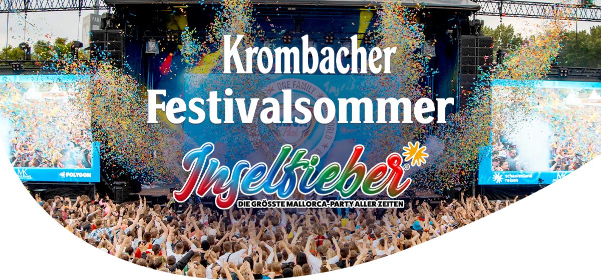 Krombacher Festivalsommer Inselfieber mit großer Menschenmenge vor Bühne und Konfetti