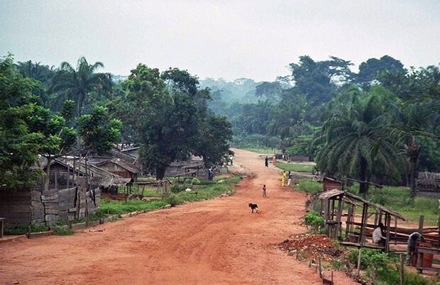 Rote Erdstraße durch ein Dorf mit einfachen Holzhäusern und dichtem tropischen Wald.