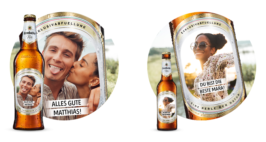 Zwei Krombacher Flaschen neben personalisierten Etiketten mit den Texten 'Alles Gute Matthias!' und 'Du bist die beste Mara!'